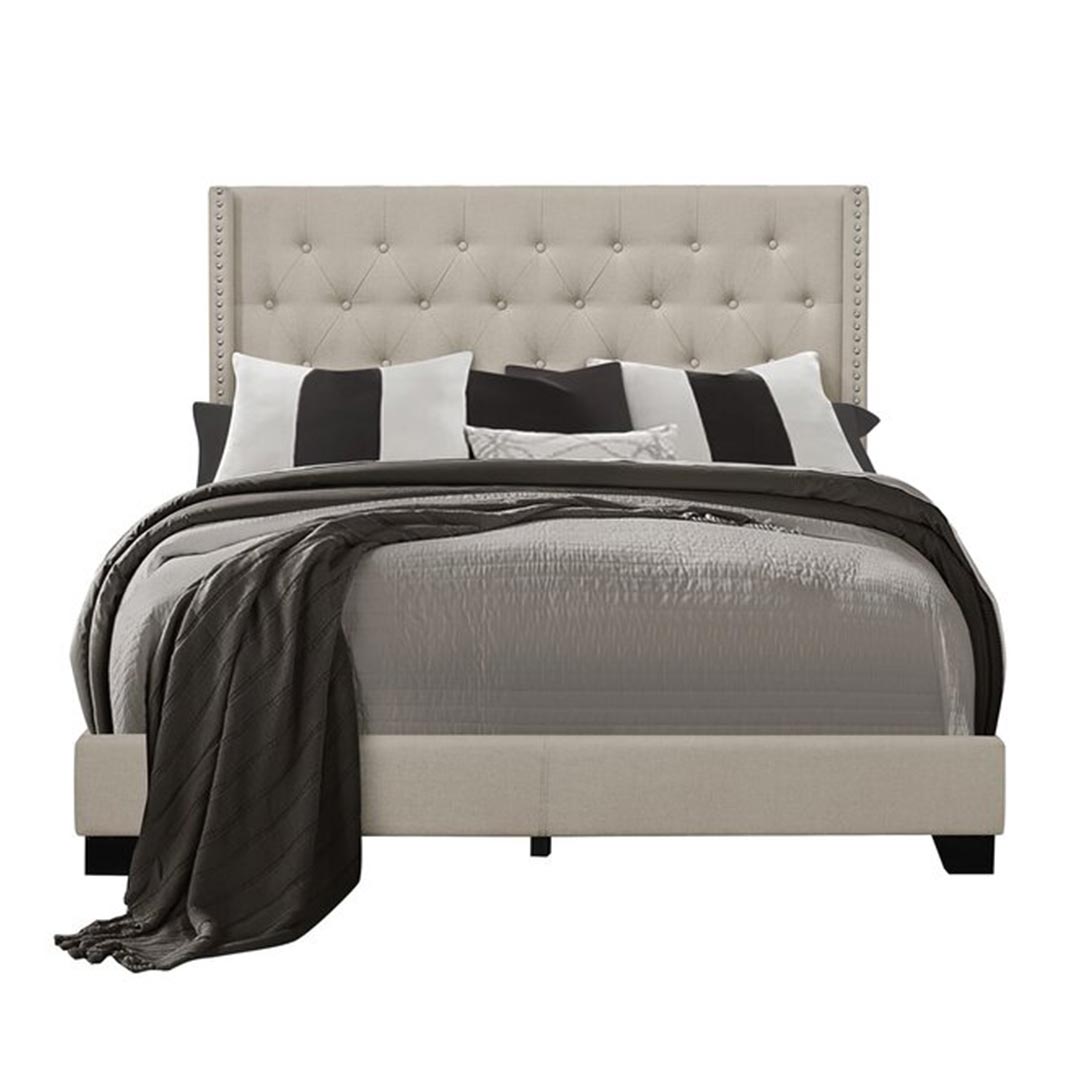 Dollar Tufted Upholstered Low Profile Nailhead Bed in Beige