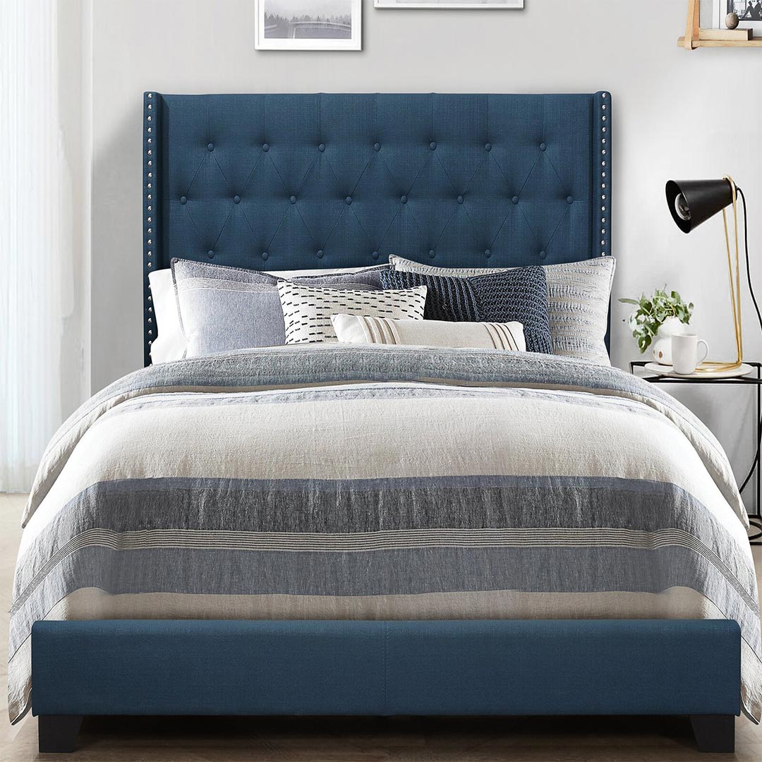 Dollar Tufted Upholstered Low Profile Nailhead Bed in Blue