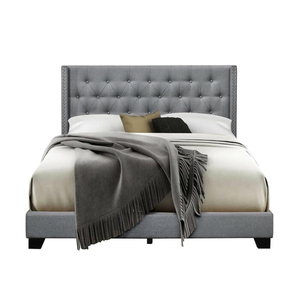 Dollar Tufted Upholstered Low Profile Nailhead Bed in Grey