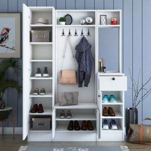White Hall Storage Unit with Mirror Shoe Storage and Coat Hooks