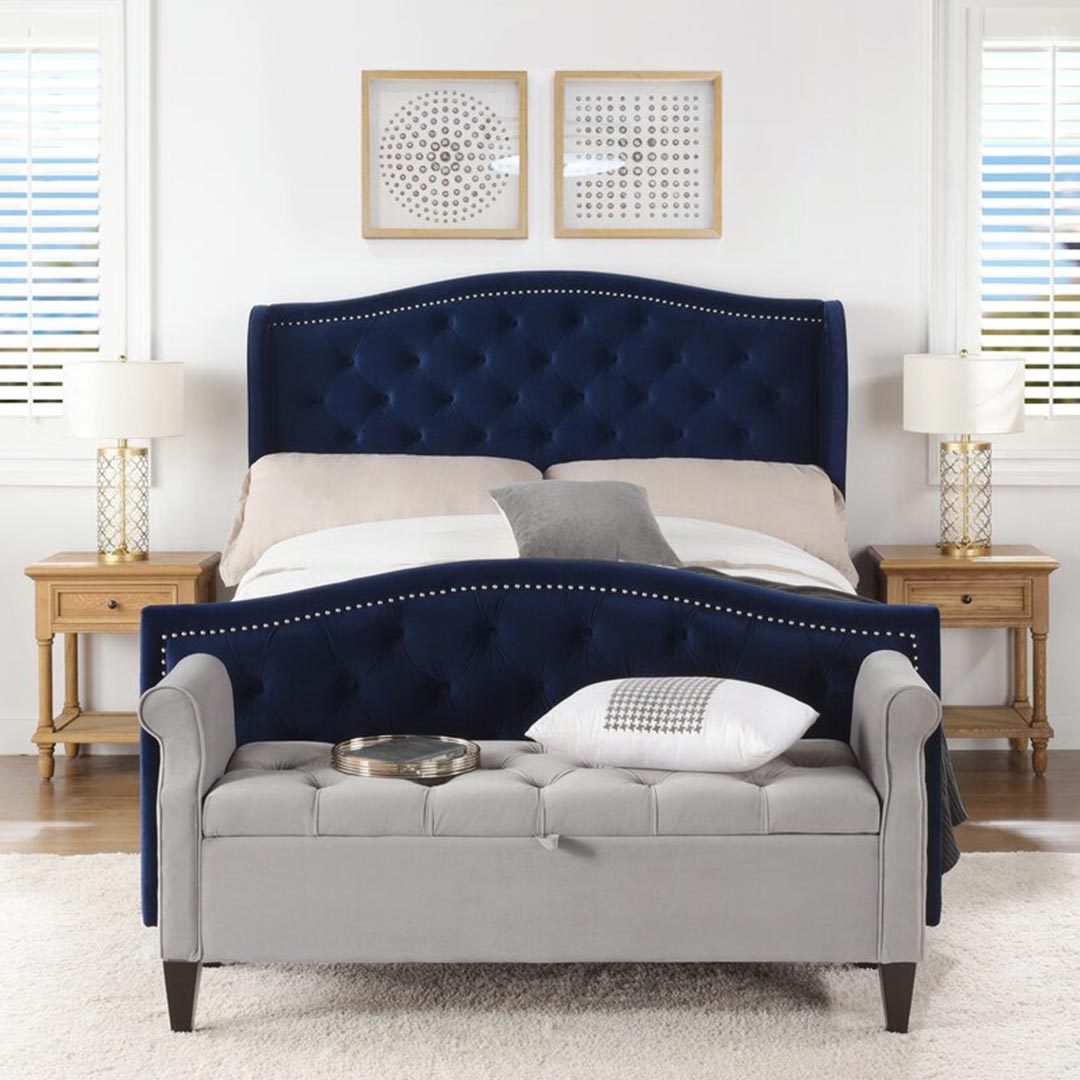 Marlon Tufted Upholstered contemporary Bed in Blue