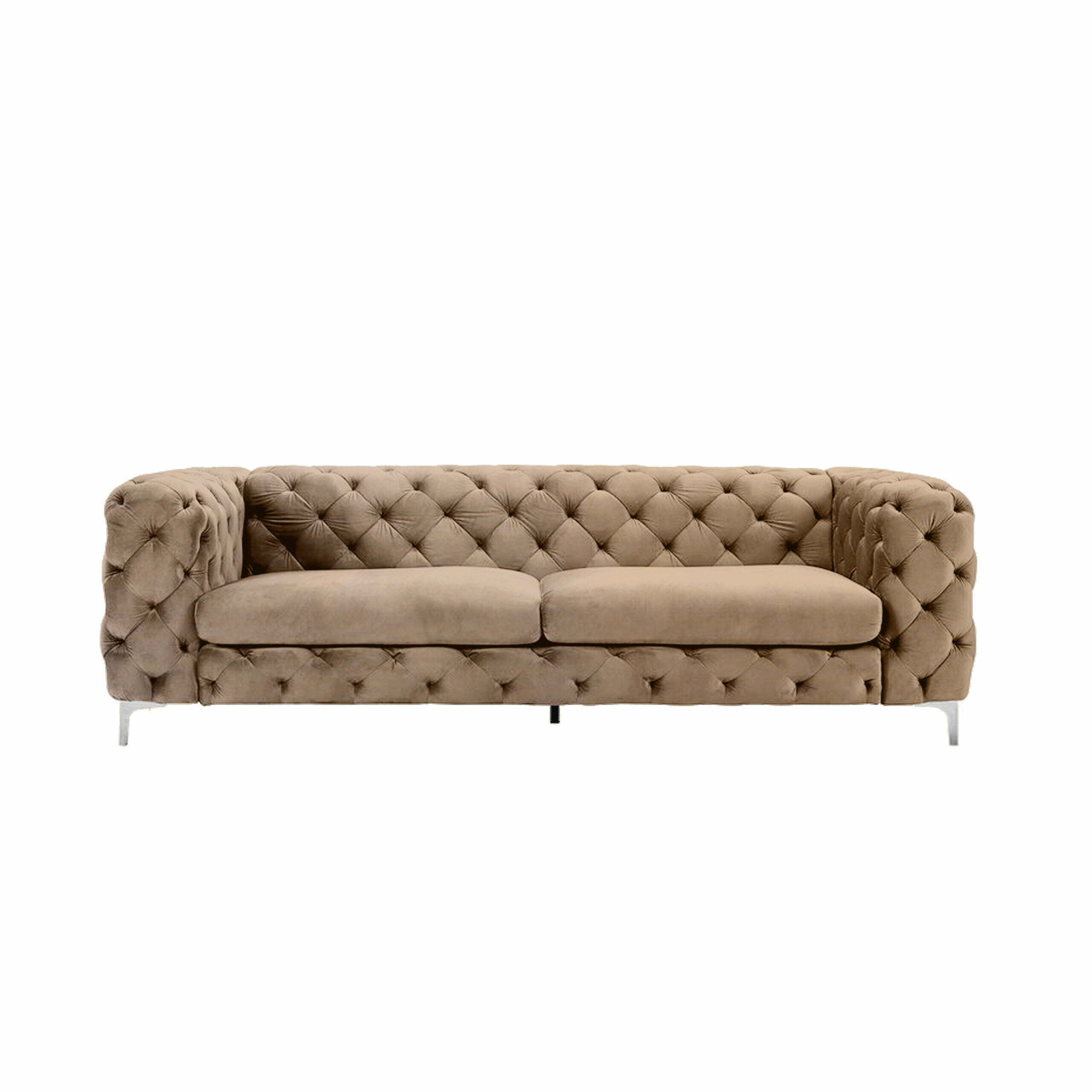 Corvus Tufted Velvet Chesterfield Rolled Arm Sofa in Camel