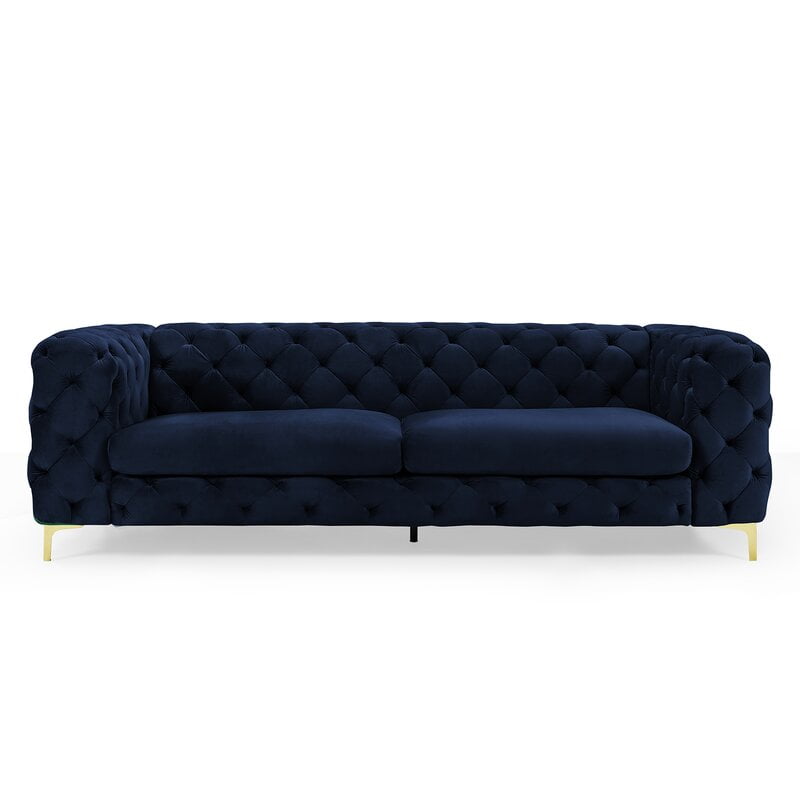 Corvus Tufted Velvet Chesterfield Rolled Arm Sofa in Navy Blue